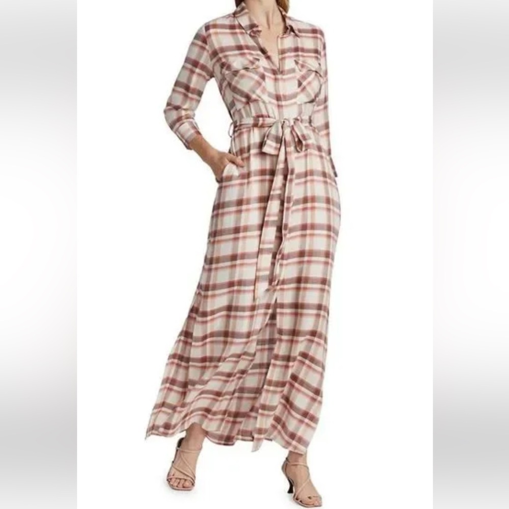 L'AGENCE Brown and White Buttoned Long Sleeve Sundress